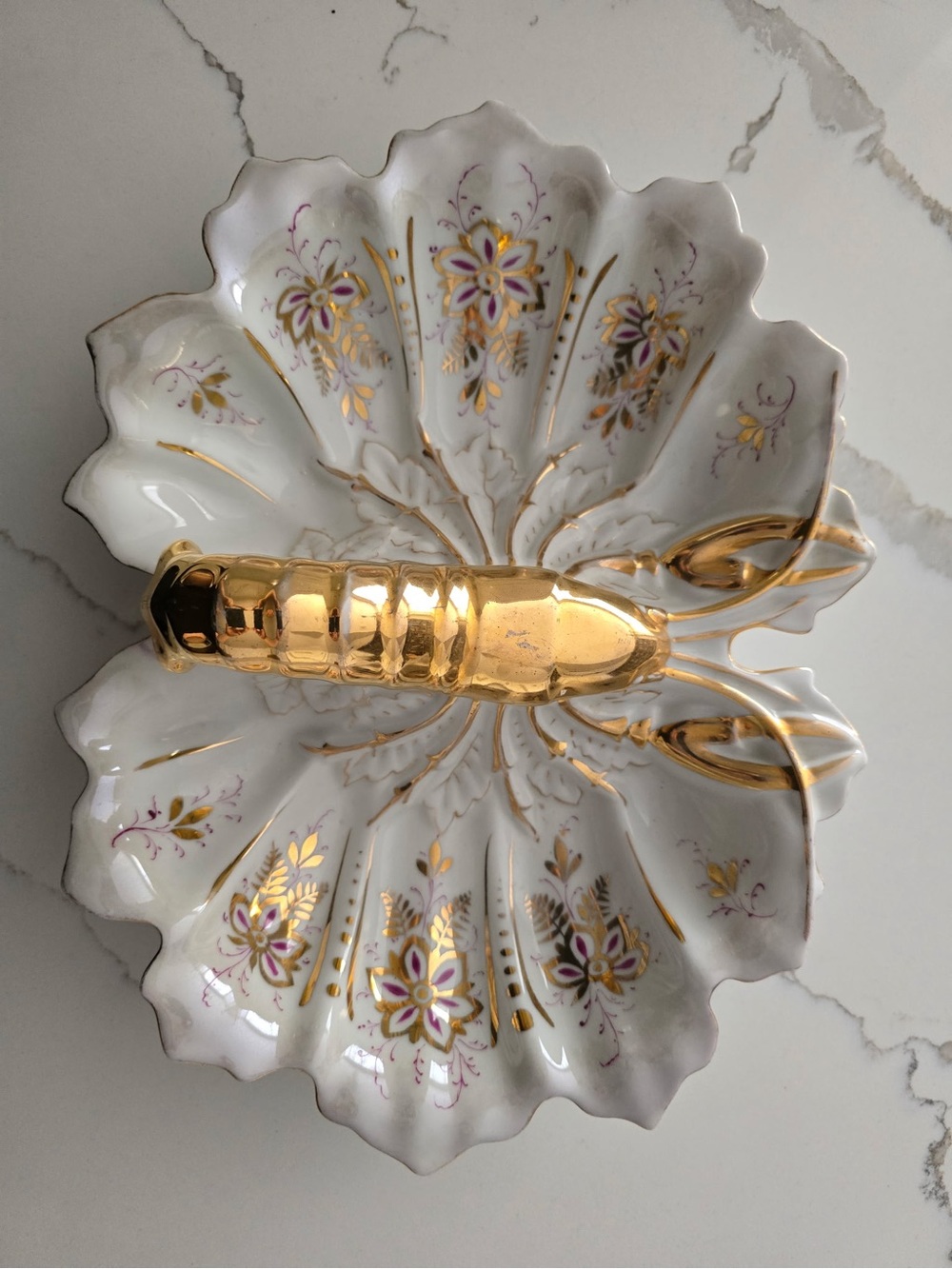 Vintage j.s Germany porcelain serving dish with gold lobster handle floral desig